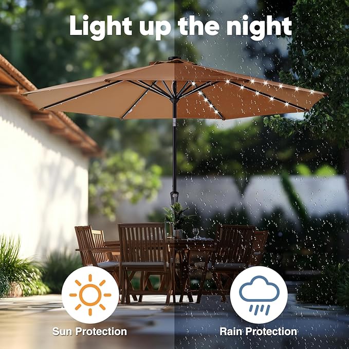 DUMOS LED Outdoor Patio Umbrella 10 FT UV-Resistant Market Umbrella with Tilt Adjustment & Crank Lift, All-Weather Shade for Backyard, Deck, Garden, Beach
