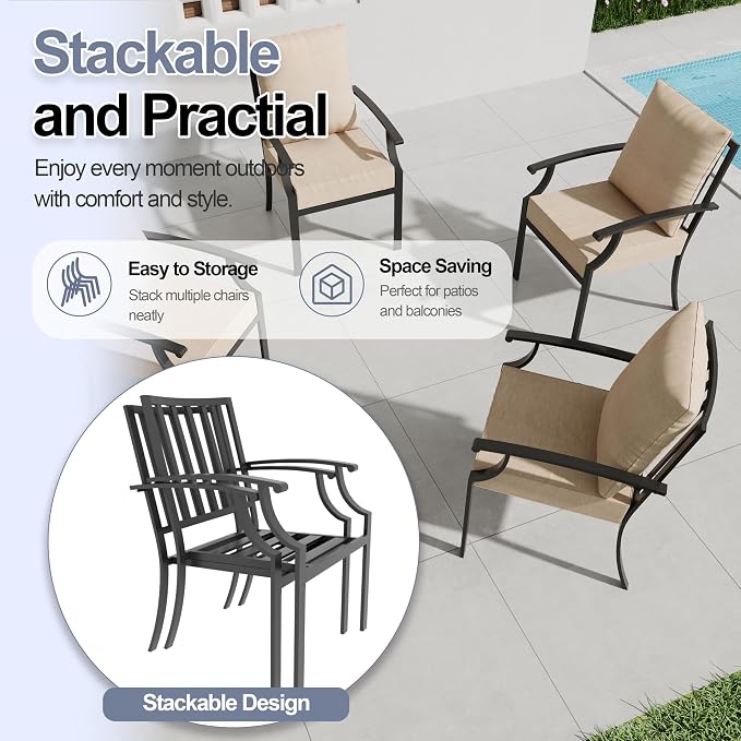 7 Piece Outdoor Dining Set for 6, Metal Patio Table and Chairs with Cushions, Patio Furniture Set with 6 Stackable Chairs, Rectangular Patio Dining Table with Umbrella Hole, Lawn Deck, Yard-Sand