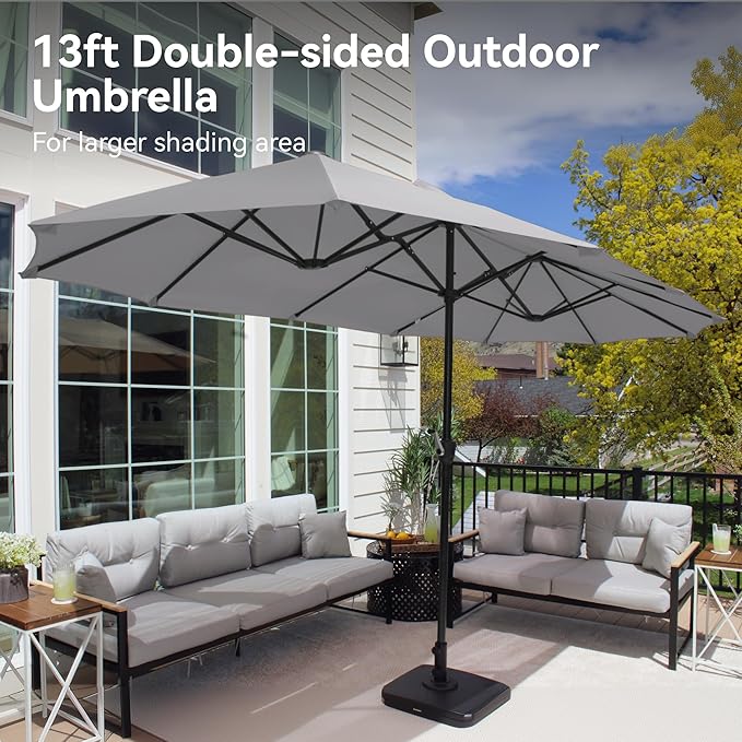 PHI VILLA 13ft Large Patio Umbrellas, Double-Sided Outdoor Market Rectangle Umbrella for Outside, Light Gray