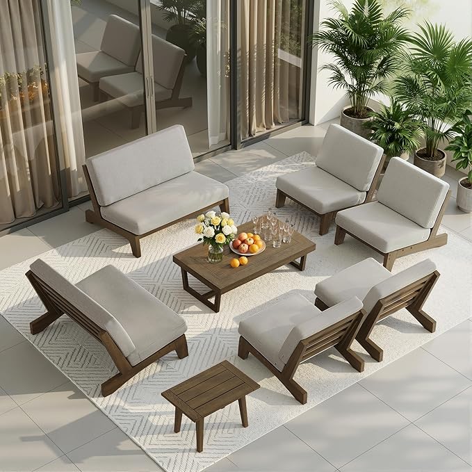UIXE 8 Pieces Wood Patio Furniture Sets, 2 Patio Loveseat, 4 Patio Bistro Chair, All Weather Outdoor Sectional Sofa Furniture Backyard Conversation Set with Coffee Table - Light Camel