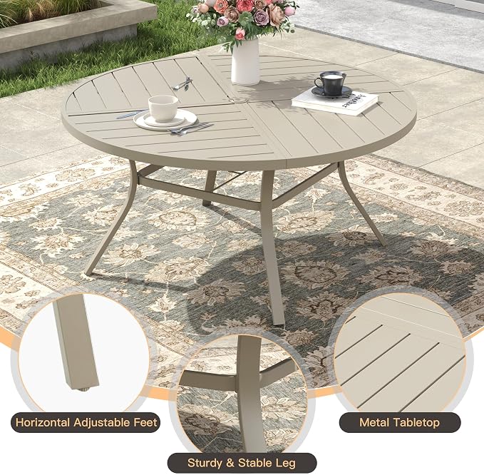 Outdoor Dining Set for 6, 50.1" Outdoor Dining Table with Umbrella Hole and Padded Textilene Patio Swivel Chairs, 7 Pieces Patio Table and Chairs Set for Garden Backyard, Sandshell