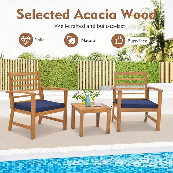Tangkula 3 Pieces Outdoor Furniture Set, Acacia Wood Conversation Set with Soft Seat Cushions, Stable Acacia Wood Frame, Patio Sofa & Coffee Table Set for Backyard, Porch, Poolside (Navy)