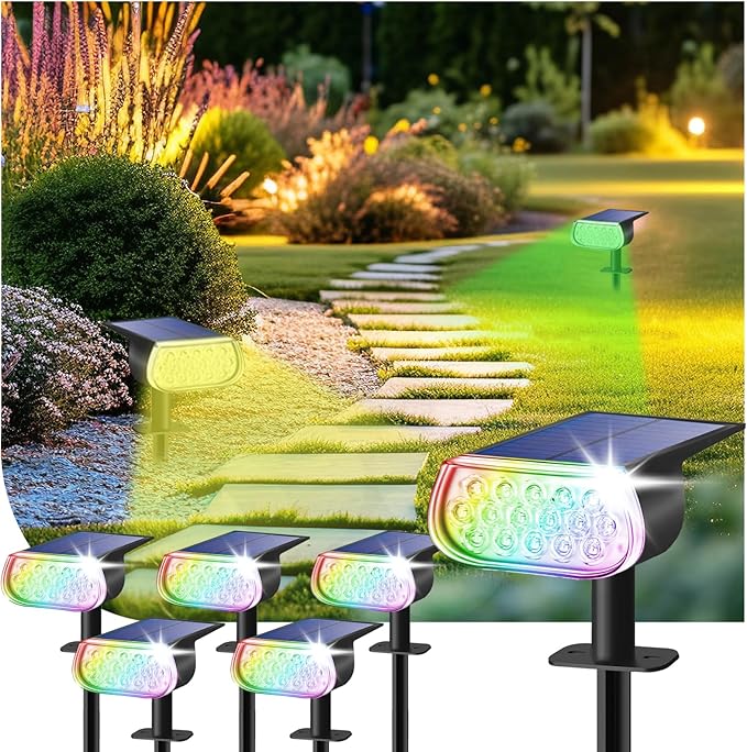 Solar Spot Lights Outdoor Waterproof IP67, Color Changing RGB Landscape Spotlights 8 Lighting Modes Solar Outdoor Lights for Yard Garden Pathway 6 Pack