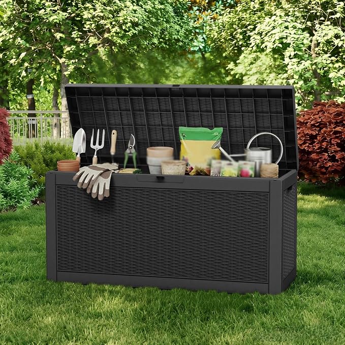 75 Gallon Outdoor Deck Storage Box, All Weather Rattan Textured Lockable Storage Bin for Poolside, Patio, Backyard Large Outdoor Storage (Black, 75GAL)