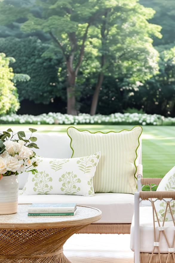 Hofdeco Premium Coastal Patio Indoor Outdoor Scalloped Throw Pillow Cover Only, 20"x20" Water Repellent for Backyard, Couch, Green Print Stripes A