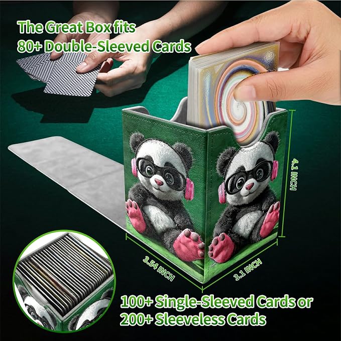 Pink Headphones Panda Card Deck Box for MTG, Personalized Card Storage Case Fits 120+ Sleeved Cards, Premium Leather TCG Box with Strong Magnetic Closure for Magic, PTCG, Baseball Cards
