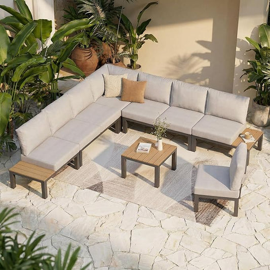ZANDOR 7 Pieces Aluminum Outdoor Patio Furniture Set, Movable Backrest Modular Sectional Sofa Set, Metal Conversation Set with 4-inch Thick Cushion for Garden Backyard Porch, Grey
