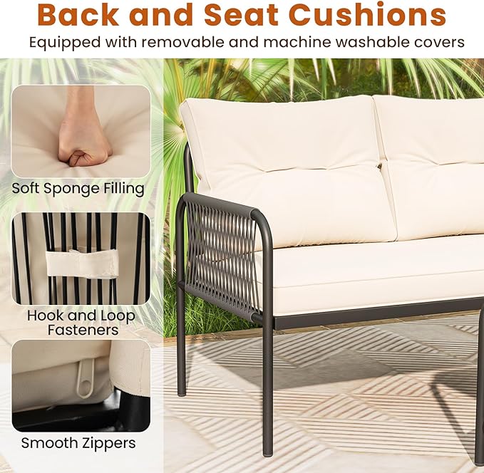Tangkula 3-Piece L Shaped Patio Furniture Set, PE Rattan Sectional Sofas with Tempered Glass Table, Back and Seat Cushions, Outdoor Conversation Set for Porch, Backyard and Poolside