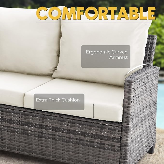 FHFO 5 Pieces Outdoor Patio Furniture Set, Wicker Sectional Sofa Patio Conversation Set Couch with Ottomans Rattan Chair and Table for Garden, Yard,Grey-Beige