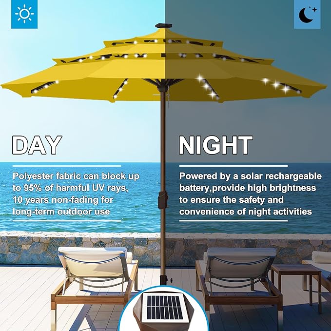 Eurmax USA 10-Year-Non-Fading 10FT 3-Tier Outdoor Patio Market Umbrella with LED Lights,UPF50+ UV Resistant,Commercial Grade,Crank Lift Design,Windproof Vented Top for Garden,Pool,Deck,Sunflower Yellow