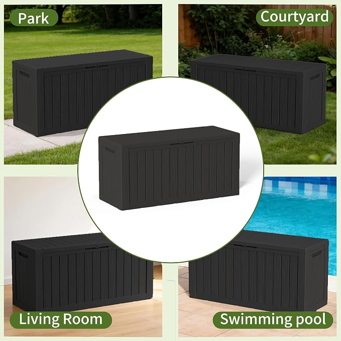 95 Gallon Outdoor Deck Storage Box, All Weather Vertical Wood Grain Lockable Storage Container for Poolside, Patio & Backyard Large Outdoor Storage (Black,95GAL)