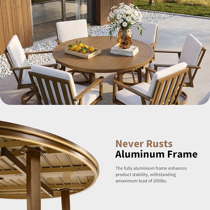 51" All-Aluminum Round Outdoor Dining Table, Modern Faux Wood Grain Patio Table for 6 with Umbrella Hole, Rust-Resistant Metal Dining Table for Garden, Backyard, Poolside & Lawn, Teak