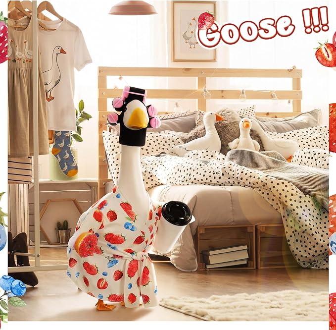 Shyyween Summer Lady Porch Goose Outfit for 23 Inch Cement Plastic Goose Statue Clothes Strawberry Blueberry Bathrobe Coffee Cup Curlers for Outdoor Decoration