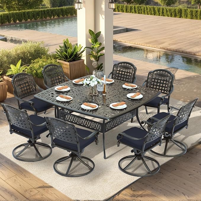 VIVIJASON 9-Piece Outdoor Dining Set, Cast Aluminum Patio Table & Chair Furniture Set for 8, Include 64" Square Dining Table, 4 Swivel Rocker Chairs, 4 Stationary Chairs, Umbrella Hole, Navy Blue