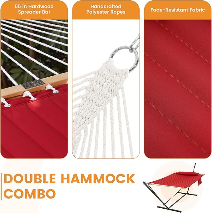 Lazy Daze Hammocks 2 Person Hammock with 12FT Stand for Outside, Quilted Double Hammock with Detachable Pillow, Balance Strap & Carrying Bag Included, 450lbs Capacity, Tool-Free Assembly, Burgundy