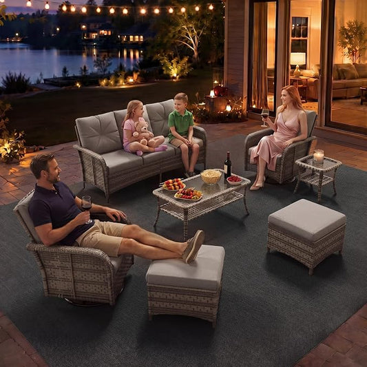 Aoxun 9-Piece Patio Furniture Set with Thick Cushions, Wicker Outdoor Sectional Sofa with High Back Swivel Rocker Chairs, Outdoor Patio Furniture Set with Coffee Table & Ottoman, Grey