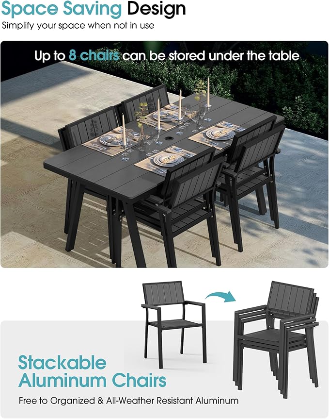 Ciokea Aluminum Outdoor Dining Sets for 6, Patio Table and Stackable Chairs Set with Umbrella Hole, All-Weather HDPS Durable Furniture for Backyard, Poolside, Lawn & Garden | 7-Piece, Grey