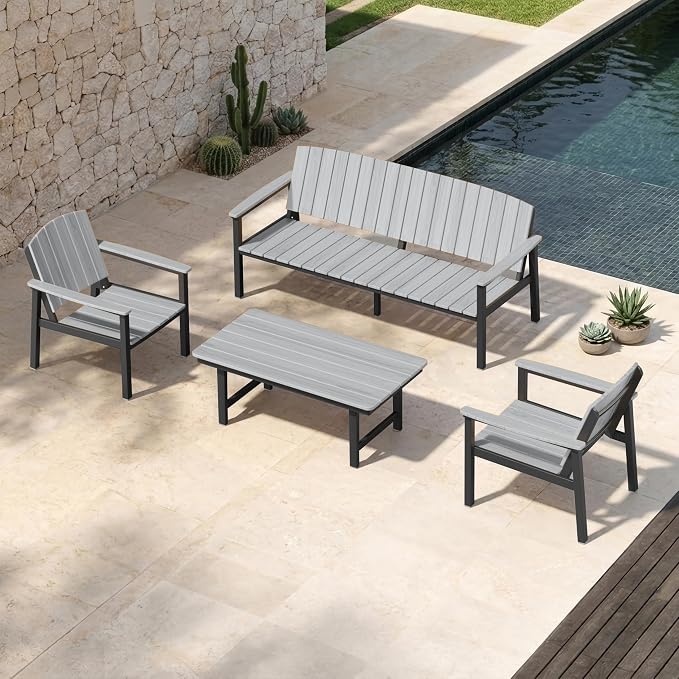 Aluminum Patio Furniture Set, Outdoor Furniture Set 4 Pieces Aluminum Frame HDPS Faux Wood, All Weather Conversation Set for Backyard, Garden, Poolside Grey