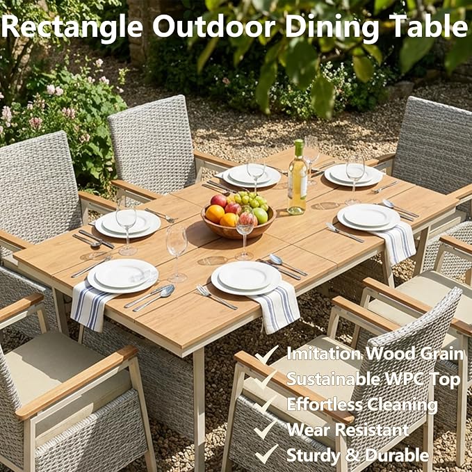 Outdoor Dining Table Set for 4, Rattan Patio Dining Sets with Waterproof Cushions, 5 Piece Patio Table and Chairs Set, Rectangular Dining Table and Patio Chairs for Porch/Deck/Yard, Green