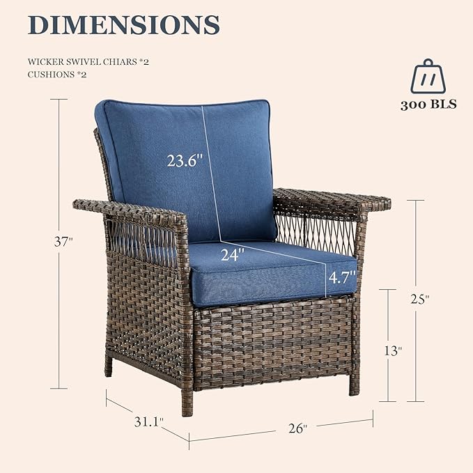 Patio Furniture Set - 2 Wicker Chairs with 2 Rattan Ottomans, 1 Wicker Side Table, Brown & Blue Cushions - 5pc Conversation Set for Garden, Balcony & Backyard