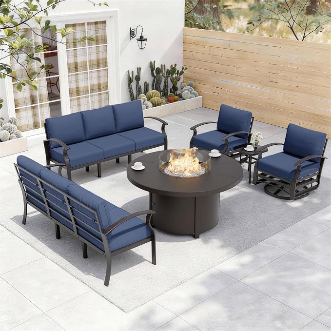 ALAULM Aluminum Patio Furniture Set with Coffee Table Rectangular, 5-seat Outdoor Sectional Furniture w/2 Swivel Chairs, Patio Conversation Set for Porch, Backyard, Poolside-Grey