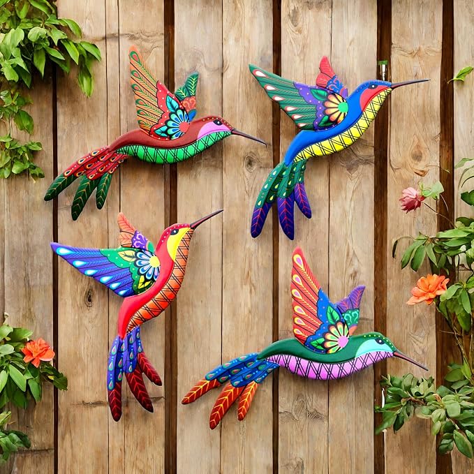 4 PCS Metal Hummingbird Outdoor Wall Decor Art for Garden Fence Decorations | Metal Wall Art Outdoor Hummingbird Yard Art Sculptures for Backyard Patio Balcony Fence