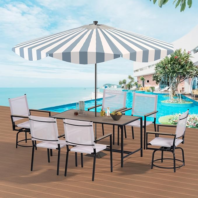 7 Piece Patio Furniture Set High Top Table and Chairs Outdoor Bar Table Set with 6 Stackable Textilene Chairs Large Rectangular Table Brown Outdoor Dining Set for Garden Yard Poolside Backyard Patio