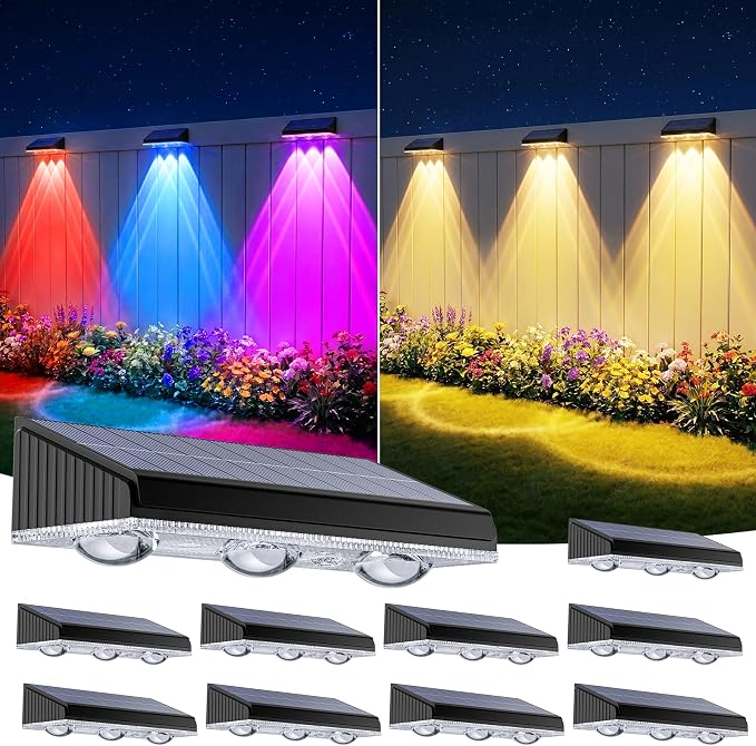 Solar Fence Lights Outdoor 10 Pack, Upgraded Brightness 3X LED Lens Fence Lights Solar Powered, 9 Fixed Colors & RGB Lights, IP65 Waterproof Solar Lights for Outside Backyard/Railing/Step/Patio
