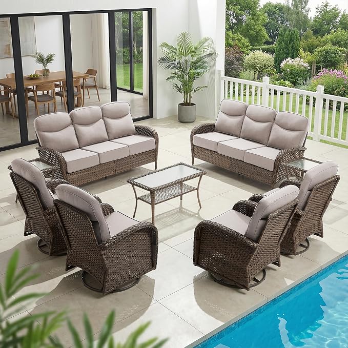 HUMMUH 9-Piece Patio Furniture Set with Upgraded 6" Thick Cushion - High Back Outdoor Swivel Rocker Chairs with 3-Seater Sofa Set of 2,Wicker Outdoor Conversation Set for Deck, Porch, Yard, Poolside