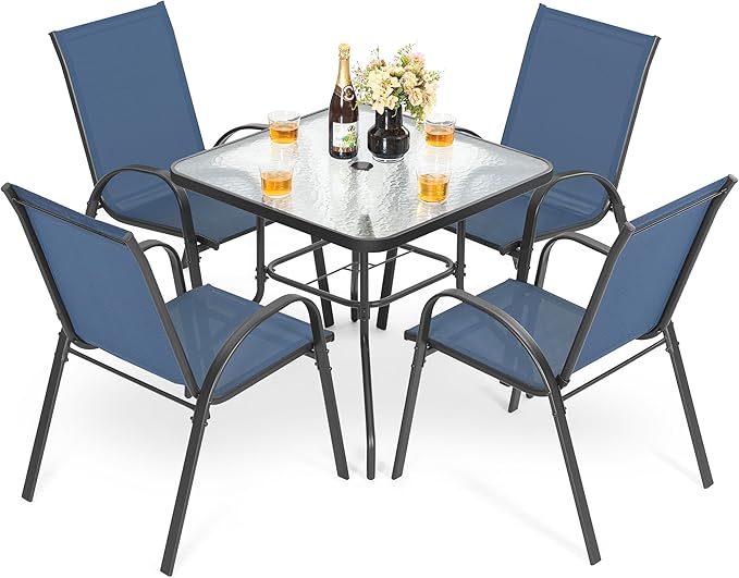 NUU GARDEN 5 Piece Patio Dining Set, Metal Outdoor Table with 31.5" Square Table and Umbrella Hole, 4 Stackable Chairs, Patio Furniture for Lawn Balcony Garden, Blue and Black
