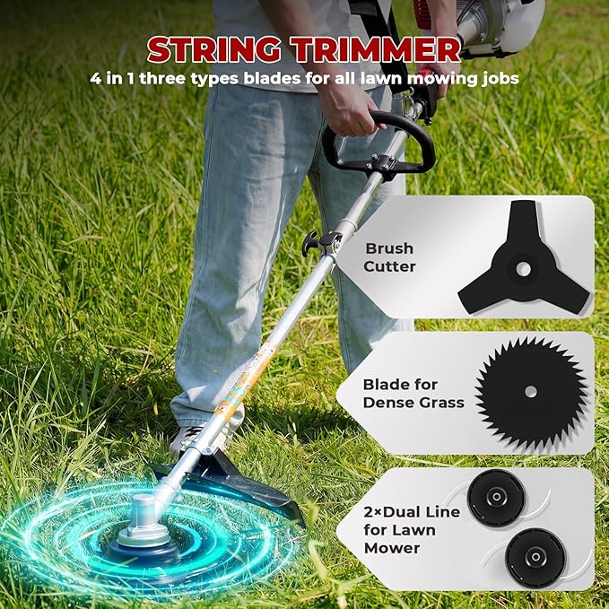 58CC Weed Wacker Gas Powered, 2-Cycle 5 in 1 Gas Powered Hedge Trimmer, Pole Saw, String Trimmer and Brush Cutter Blade, Grass Cutter Machine, Multi Functional Trimming Tools for Yard Garden Lawn Care