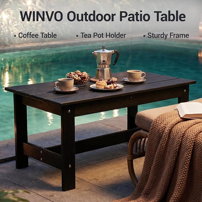 HDPE Outdoor Coffee Table, Rectangle Patio Coffee Table, All-Weather Side Table for Balcony, Poolside, Deck, Garden, Black, 37.7''L x 20.8''D x 17.7''H