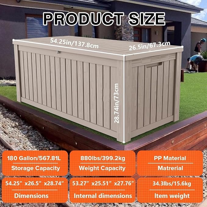 180 Gallon Outdoor Storage Deck Box, Large Storage Organizer for Patio Furniture Accessories, Garden Tools, Indoor Storage for Cushion, Grey