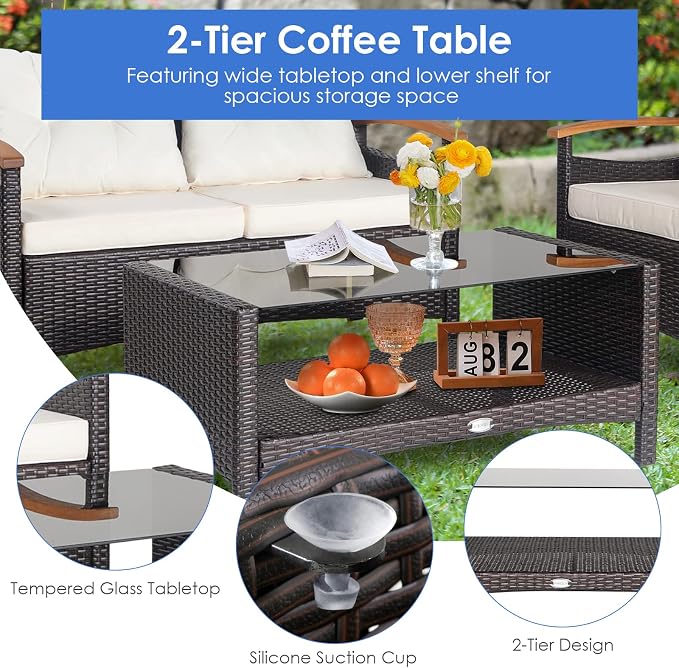 HAPPYGRILL 4 Piece Patio Conversation Set Rattan Sectional Sofa Set with Soft Cushions and Coffee Table, Outdoor Wicker Furniture Set with Acacia Wood Armrests, Perfect for Poolside, Garden, Backyard