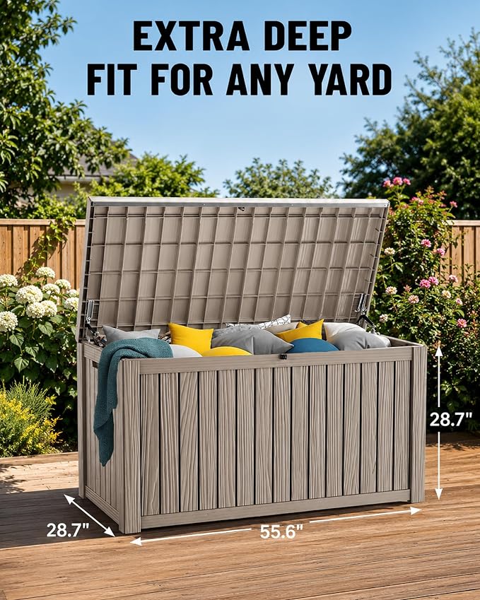 MAKINO 205 Gallon Large Waterproof Deck Box, Heavy Duty Resin Outdoor Storage Box, Outdoor Storage Bench with Hydraulic Rod for Patio/Cushions/Garden Tools/Backyard/Pool Accessories, Grey Brown