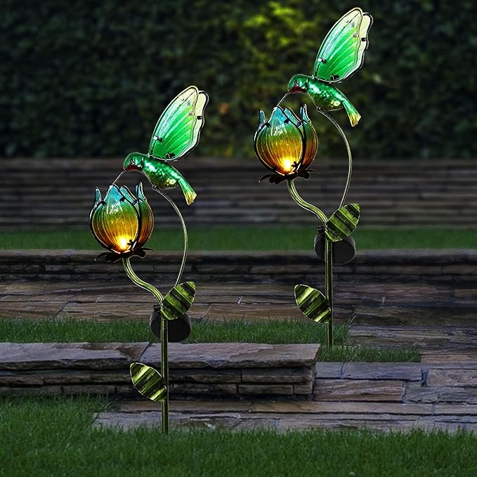TERESA'S COLLECTIONS Glass Flower Bird Pathway Solar Outdoor Light for Garden Decor, 39'' Tulip and Hummingbird Metal Decorative Stakes Yard Art for Lawn Patio Porch Decorations, Gifts for Mom