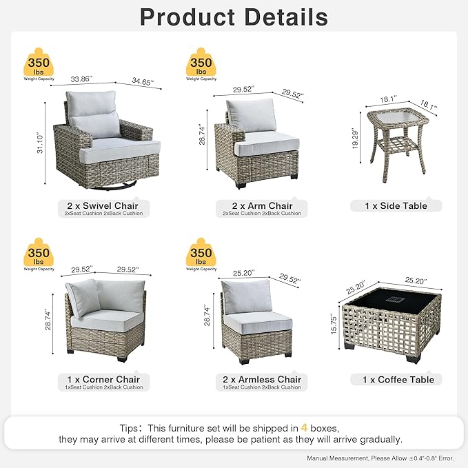Weaxty 9 Pieces Patio Furniture Set, Outdoor Sectional Furniture Sofa Set w/Swivel Rocking Chairs Coffee Table, PE Wicker Modular Couch Conversation Set for Backyard Garden,Gray