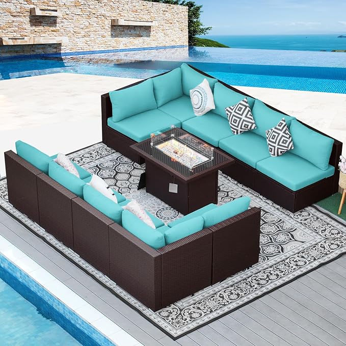 NICESOUL 11 Piece Outdoor Furniture Set with Fireplace, Luxury 10-Seats Patio Sectional Sets, 29.3'' High-Back Backyard Seating Area, All-Weather Wicker Couch Sofa Modular, Brown & Teal