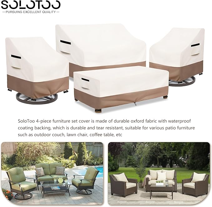 Patio Furniture Covers Waterproof, Heavy Duty 4-Piece Furniture Set Cover for Outdoor Couch, Lawn Chair, Coffee Table (Medium,Beige)