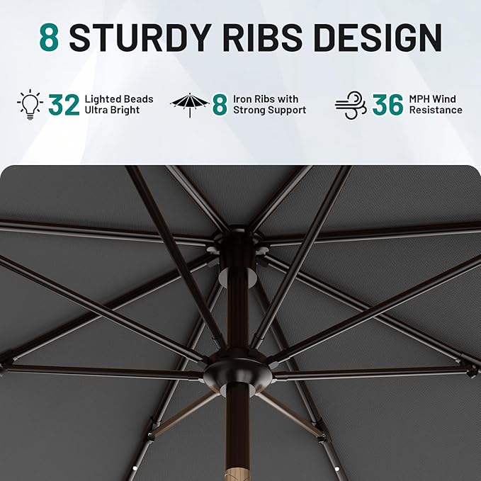 AreShark 9FT Patio Umbrella with Solar Lights, 32 Lighted Pool Umbrella w/Tilt and Crank, Outdoor Market Solar Umbrellas for Garden, Deck, Backyard, Pool and Beach, Gray
