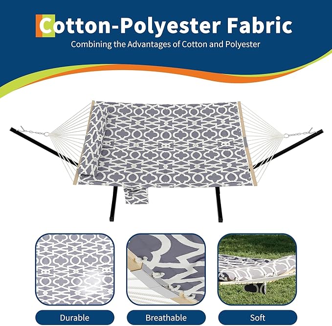 2 Person Hammock with Stand for Outdoor, 475 Lbs Capacity, Heavy Duty Portable Hammock with Adjustable Steel Stand for Patio, Garden, Beach, Backyard - Includes Carrying Bag, Light Gray