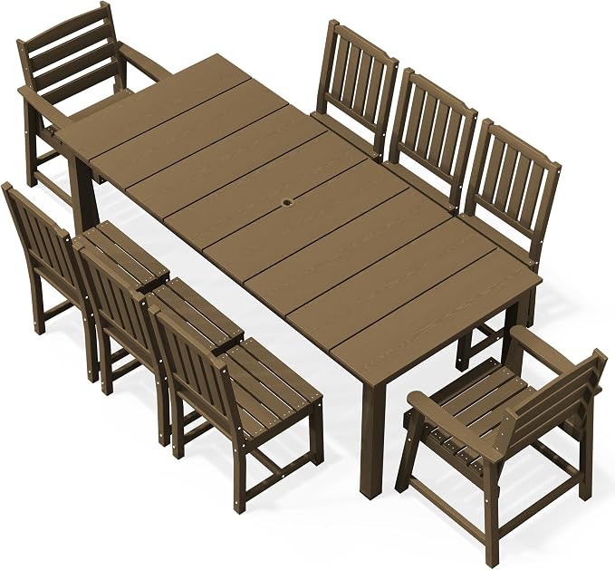 AreShark Outdoor Dining Table,All Weather Rectangular Patio Table for 6,Heavy-Duty HDPE Table with Umbrella Hole and Aluminum Frame,Weatherproof Outdoor Furniture for Backyard, Garden,Brown