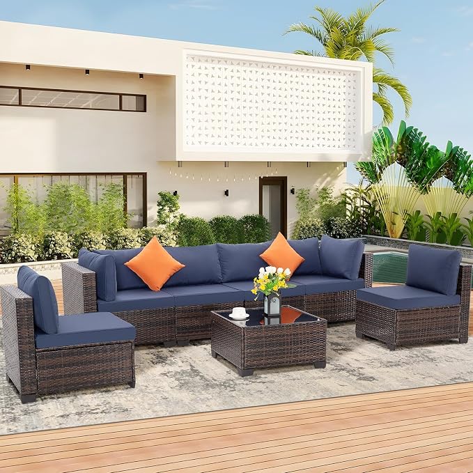 FHFO 14 Piece Outdoor Wicker Patio Furniture Set, Brown/Blue | Sectional Sofa | All-Weather Hand-Woven Rattan | Tempered Glass Coffee Table | Free Combination | Indoor & Outdoor Use