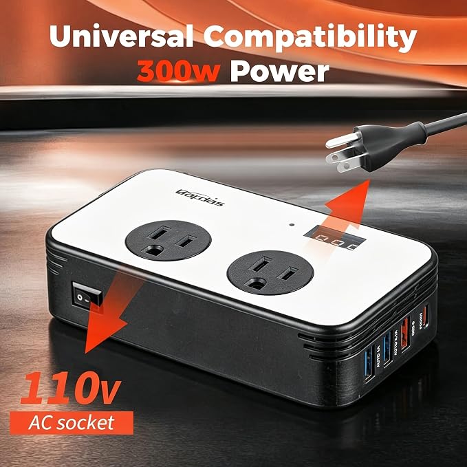 300W Car Power Inverter, DC 12V to AC 110V Car Adapter Outlet Plug with PD 25W USB-C, QC3.0 and LCD Display Laptop Car Charger