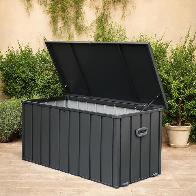 ChicFurnit Outdoor Storage Box, 200 Gallon Deck Box with Lockable Metal Lid & Portable Side Handles, Outdoor Storage Bin with Stable Support Rod, Soft Close Mechanism & Mobility Rollers, Dark Gray