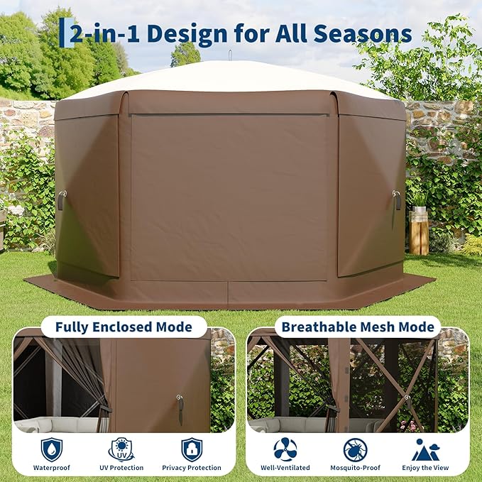 GarveeLife 13x13FT 6-Sided Pop Up Canopy Tent，One-Push Setup Canopy Tent with Removable Canopy Top & Wind Cloths, Outdoor shelter for Camping, Backyard Parties, Outdoor Events - Beige & Khaki