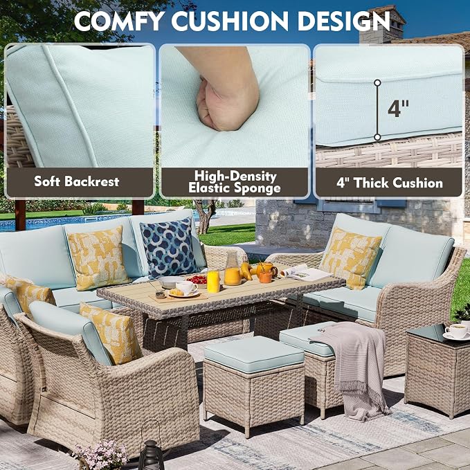 MEISSALIVVE 8 Pieces Patio Furniture Set with Swivel Rocking Chairs, Patio Conversation Set with Dining Table, Patio Dining Set with Waterproof Cushions for Lawn Backyard Porch (Blue)