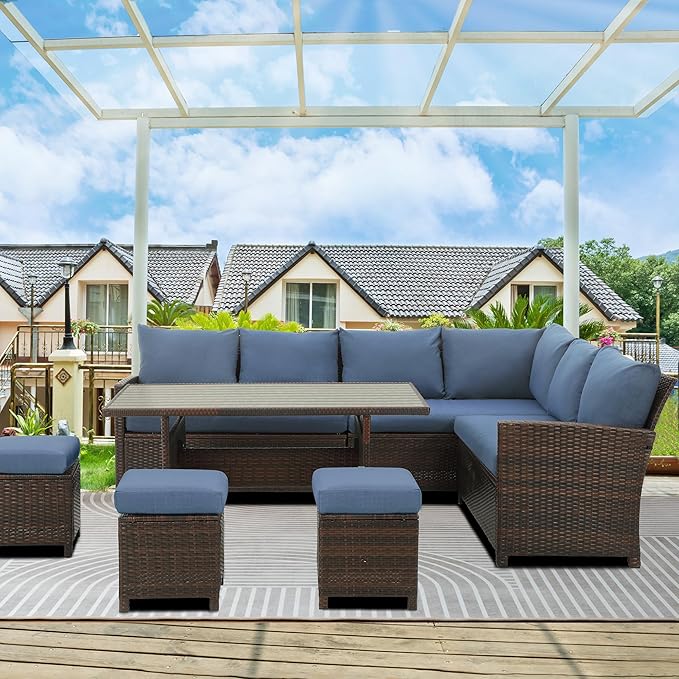 Wisteria Lane 7 Pieces Patio Furniture Set Outdoor Furniture Sectional, High Back Outdoor Patio Dining Table Set, Wicker Patio Conversation Set with Cushions for Balcony Lawn and Garden, Blue