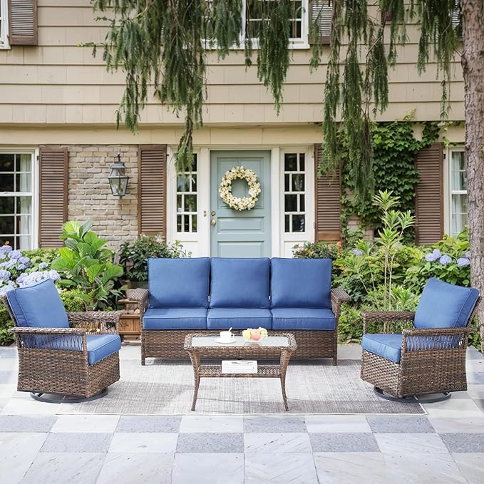 Patio Furniture Set 2 Wicker Swivel Glider Chairs Sofa with PE Rattan Coffee Table Brown Wicker Blue Cushions Patio Conversation Set 4pcs for Garden Balcony Sunroom Backyard