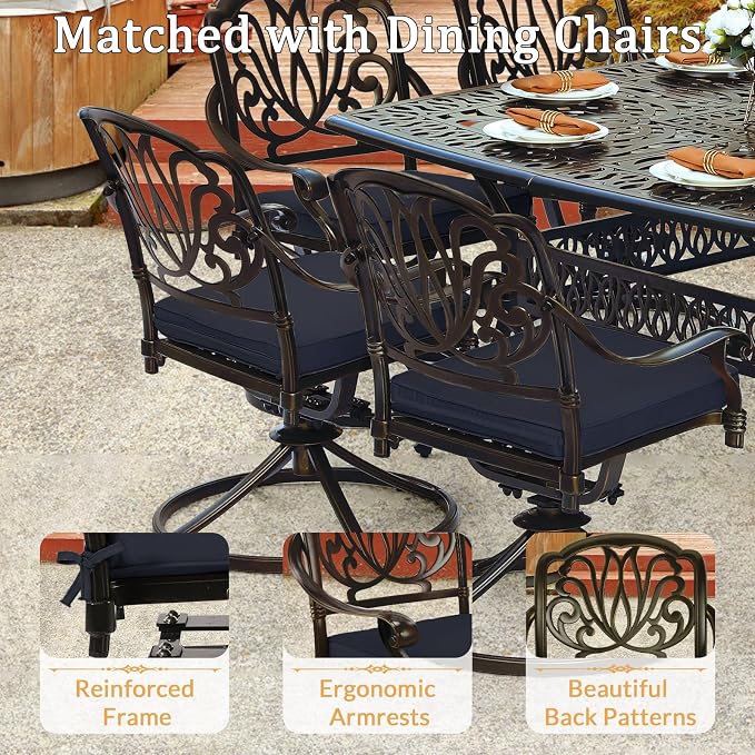 9 Piece Outdoor Patio Dining Set for 8, Cast Aluminium Large Square Dining Table & 4 Swivel Rocker Chairs, 4 Stationary, 8 Cushions, Umbrella Hole, Patio Furniture Set for Garden, Navy Blue